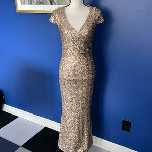 Badgley Mischka for Caché Gold Sequin Cap Sleeve Long Gown – Size 2
